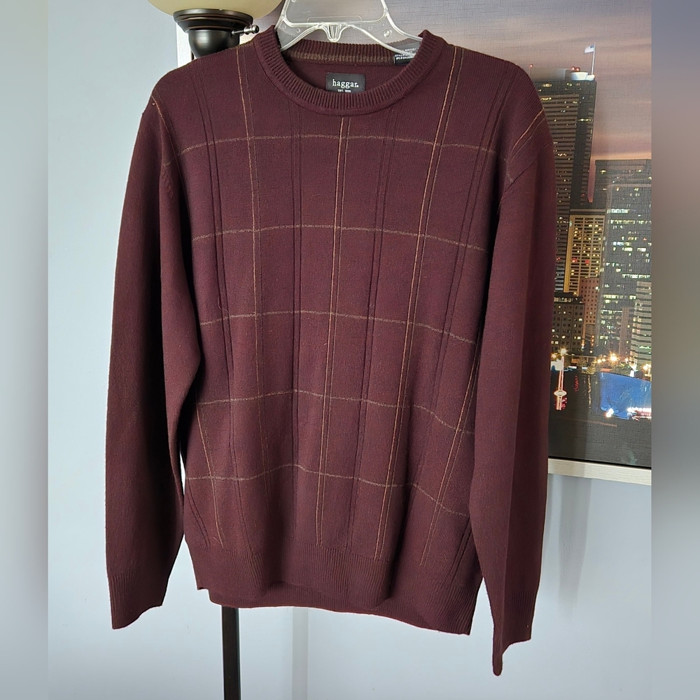Haggar Henley Striped Plaid Crew Neck Sweater Size Mens Medium Burgundy Pullover